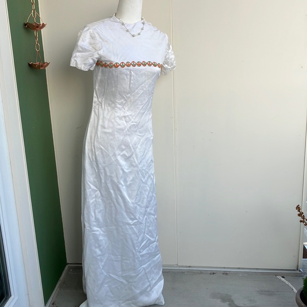 Vintage 60s Green and Orange Embroidered White Maxi Dress
